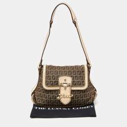Fendi Beige Zucchino Fabric and Leather Logo Flap Bag