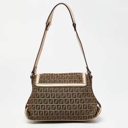 Fendi Beige Zucchino Fabric and Leather Logo Flap Bag