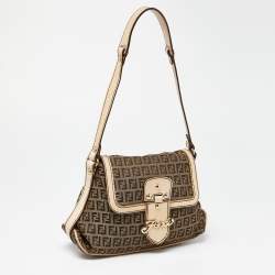 Fendi Beige Zucchino Fabric and Leather Logo Flap Bag