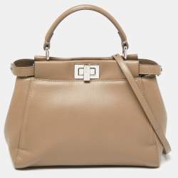 Pre Owned Fendi Beige Leather Mini Peekaboo Top Handle Bag