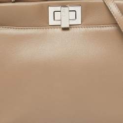 Pre Owned Fendi Beige Leather Mini Peekaboo Top Handle Bag