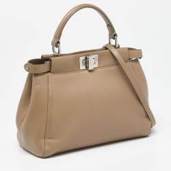 Pre Owned Fendi Beige Leather Mini Peekaboo Top Handle Bag
