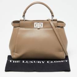 Pre Owned Fendi Beige Leather Mini Peekaboo Top Handle Bag