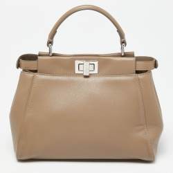 Pre Owned Fendi Beige Leather Mini Peekaboo Top Handle Bag