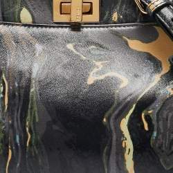 Pre Owned Fendi Multicolor Marble Print Leather Mini Peekaboo Top Handle Bag