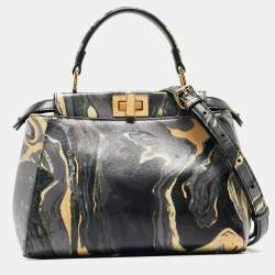 Pre Owned Fendi Multicolor Marble Print Leather Mini Peekaboo Top Handle Bag