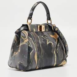 Pre Owned Fendi Multicolor Marble Print Leather Mini Peekaboo Top Handle Bag