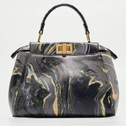 Pre Owned Fendi Multicolor Marble Print Leather Mini Peekaboo Top Handle Bag