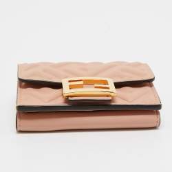 Pre Owned Fendi Pink FF Diagonal Embossed Leather Micro Baguette Trifold Wallet