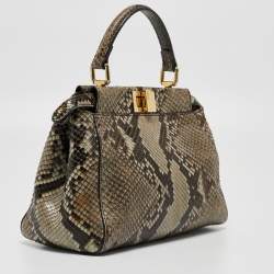 Pre Owned Fendi Beige/Black Python Mini Peekaboo Top Handle Bag