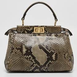 Pre Owned Fendi Beige/Black Python Mini Peekaboo Top Handle Bag