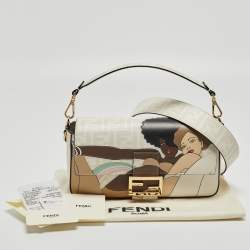 Fendi White FF Glazed Coated Canvas and Leather Inlay Baguette Shoulder Bag