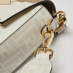 Fendi White FF Glazed Coated Canvas and Leather Inlay Baguette Shoulder Bag