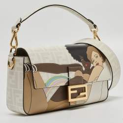Fendi White FF Glazed Coated Canvas and Leather Inlay Baguette Shoulder Bag