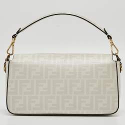 Fendi White FF Glazed Coated Canvas and Leather Inlay Baguette Shoulder Bag