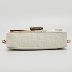 Fendi White FF Glazed Coated Canvas and Leather Inlay Baguette Shoulder Bag