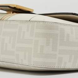 Fendi White FF Glazed Coated Canvas and Leather Inlay Baguette Shoulder Bag