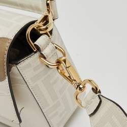 Fendi White FF Glazed Coated Canvas and Leather Inlay Baguette Shoulder Bag