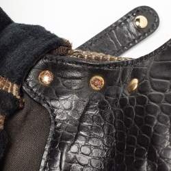 Pre Owned Fendi Black/Beige Pequin Striped Velvet and Croc Embossed Leather Magic Top Handle Bag