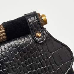 Pre Owned Fendi Black/Beige Pequin Striped Velvet and Croc Embossed Leather Magic Top Handle Bag