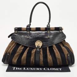 Pre Owned Fendi Black/Beige Pequin Striped Velvet and Croc Embossed Leather Magic Top Handle Bag