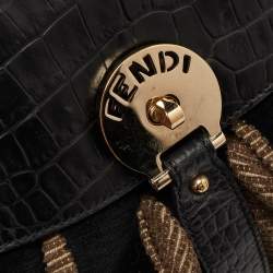 Pre Owned Fendi Black/Beige Pequin Striped Velvet and Croc Embossed Leather Magic Top Handle Bag