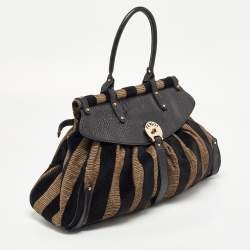 Pre Owned Fendi Black/Beige Pequin Striped Velvet and Croc Embossed Leather Magic Top Handle Bag