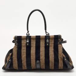 Pre Owned Fendi Black/Beige Pequin Striped Velvet and Croc Embossed Leather Magic Top Handle Bag