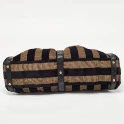 Pre Owned Fendi Black/Beige Pequin Striped Velvet and Croc Embossed Leather Magic Top Handle Bag