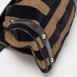 Pre Owned Fendi Black/Beige Pequin Striped Velvet and Croc Embossed Leather Magic Top Handle Bag