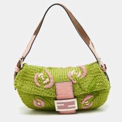 Pre Owned Fendi Green/Pink Crochet and Calf Hair Baguette Bag
