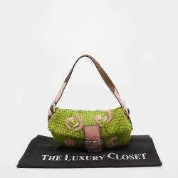 Pre Owned Fendi Green/Pink Crochet and Calf Hair Baguette Bag