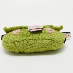 Pre Owned Fendi Green/Pink Crochet and Calf Hair Baguette Bag
