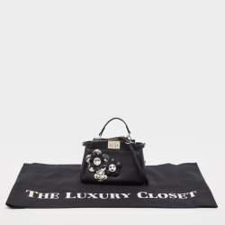 Pre Owned Fendi Black Leather Micro Crystal Embellished Peekaboo Crossbody Bag