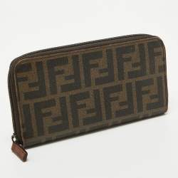 Pre Owned Fendi Tobacco Zucca Coated Canvas Zip Around Wallet