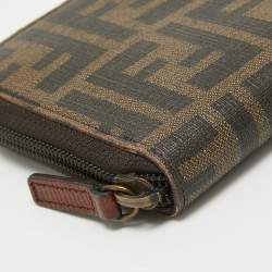 Pre Owned Fendi Tobacco Zucca Coated Canvas Zip Around Wallet
