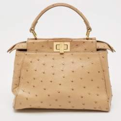 Pre Owned Fendi Beige Ostrich Leather Mini Peekaboo Top Handle Bag