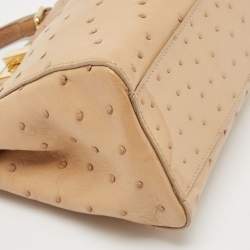 Pre Owned Fendi Beige Ostrich Leather Mini Peekaboo Top Handle Bag