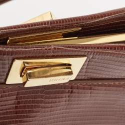 Pre Owned Fendi Brown Glazed Lizard Mini Peekaboo Top Handle Bag