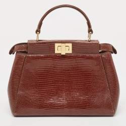 Pre Owned Fendi Brown Glazed Lizard Mini Peekaboo Top Handle Bag