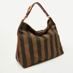 Pre Owned Fendi Tobacco/Red Pequin Stripe Canvas and Leather Hobo