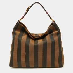 Pre Owned Fendi Tobacco/Red Pequin Stripe Canvas and Leather Hobo