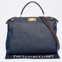 Pre Owned Fendi Blue/Brown Denim and Leather Large Peekaboo Top Handle Bag