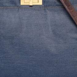 Pre Owned Fendi Blue/Brown Denim and Leather Large Peekaboo Top Handle Bag