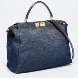 Pre Owned Fendi Blue/Brown Denim and Leather Large Peekaboo Top Handle Bag