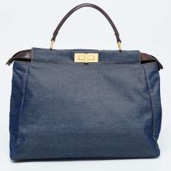 Pre Owned Fendi Blue/Brown Denim and Leather Large Peekaboo Top Handle Bag