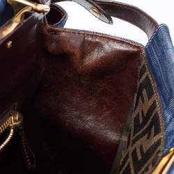 Pre Owned Fendi Blue/Brown Denim and Leather Large Peekaboo Top Handle Bag