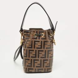 Pre Owned Fendi Brown/Black Zucca Leather Mini Mon Tresor Drawstring Bucket Bag