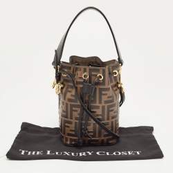 Pre Owned Fendi Brown/Black Zucca Leather Mini Mon Tresor Drawstring Bucket Bag