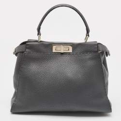 Pre Owned Fendi Grey Selleria Leather Medium Peekaboo Top Handle Bag